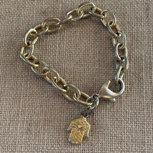 Mixed Metal Charm Bracelet With Hamsa Hand Charm 7.5”